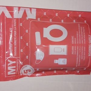 Road trip starter kit. Mask, toilet cover, hand sanitizer, wipes. Garbage bag